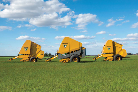 The 604 R-series balers lined up in a field