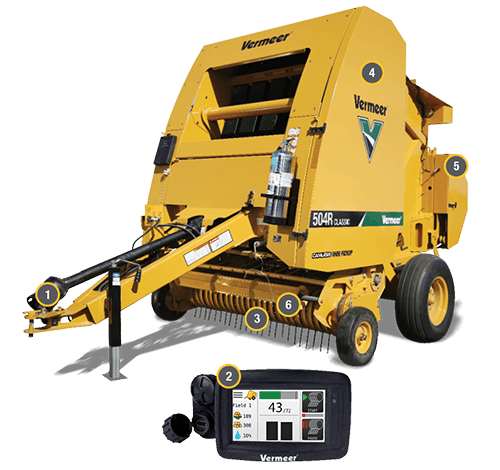 504R Classic baler with hotspots on the key features and Atlas control system